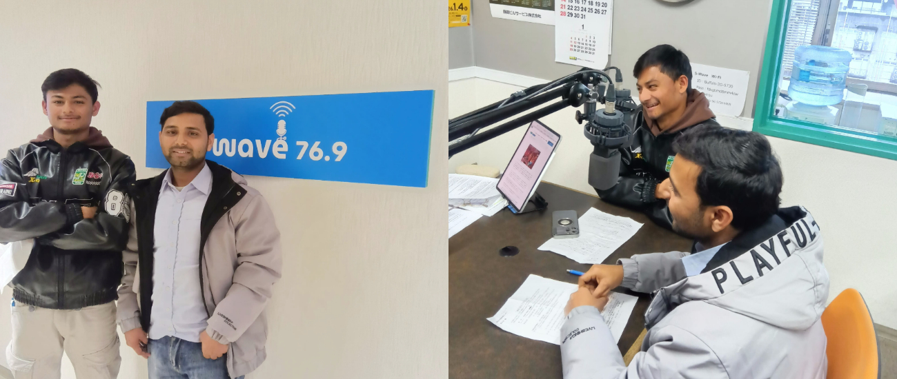 学生がFMラジオに出演しました。